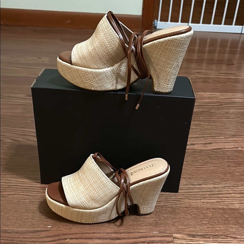 Shoe Dazzle Cream and Brown Wedge Sandals